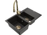 Mexen Gaspar Lavello In Granito 1,5 Vasche Con Scolapiatti E Miscelatore Da Cucina Savita, Nero/Oro - 6507-75-672601-50