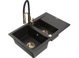 Mexen Gaspar Lavello In Granito 1,5 Vasche Con Scolapiatti E Rubinetto Da Cucina Aster, Nero/Oro Metallico - 6507-75-73450-57-G