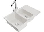 Mexen Gaspar Lavello In Granito 1,5 Vasche Con Scolapiatti E Rubinetto Da Cucina Duero, Bianco - 6507-20-671600-00