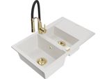 Mexen Gaspar Lavello In Granito 1,5 Vasche Con Sgocciolatoio E Miscelatore Da Cucina Aster, Bianco - 6507-20-73450-57-G