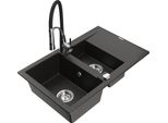 Mexen Gaspar Lavello In Granito 1,5 Vasca Con Sgocciolatoio E Rubinetto Da Cucina Aster, Nero/Oro Metallizzato
