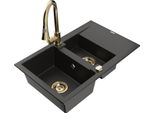 Mexen Gaspar Lavello In Granito 1,5 Vasca Con Sgocciolatoio E Rubinetto Da Cucina Elia, Nero/Oro Metallizzato