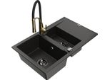 Mexen Gaspar Lavello In Granito 1,5 Vasche Con Scolapiatti E Rubinetto Da Cucina Aster, Nero/Oro Metallizzato