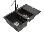 Mexen Gaspar Lavello In Granito A 1,5 Vasca Con Sgocciolatoio E Rubinetto Da Cucina Flora, Nero/Oro Metallizzato