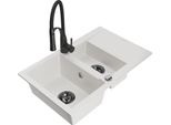 Mexen Gaspar Lavello In Granito 1,5 Vasche Con Sgocciolatoio E Rubinetto Da Cucina Aster, Bianco - 6507-20-73450-70-B