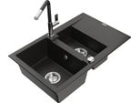 Mexen Gaspar Lavello In Granito Con 1,5 Vasche Con Scolapiatti E Rubinetto Da Cucina Flora, Nero/Oro Metallizzato