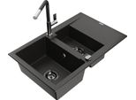 Mexen Gaspar Lavello In Granito 1,5 Vasche Con Scolapiatti E Rubinetto Da Cucina Flora, Nero/Oro - 6507-75-670401-07-B