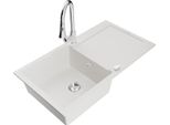 Mexen Leo Lavello In Granito A 1 Vasca Con Sgocciolatoio E Miscelatore Da Cucina Elia, Bianco - 6501-20-670101-00