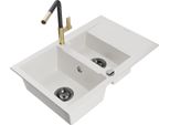 Mexen Gaspar Lavello In Granito 1,5 Vasche Con Sgocciolatoio E Miscelatore Cucina Flora, Bianco - 6507-20-670401-57-B