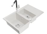 Mexen Gaspar Lavello In Granito 1,5 Vasca Con Scolapiatti E Rubinetto Da Cucina Flora, Bianco - 6507-20-670401-07