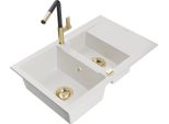 Mexen Gaspar Lavello In Granito 1,5 Vasche Con Sgocciolatoio E Miscelatore Cucina Flora, Bianco - 6507-20-670401-57-G