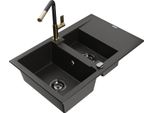 Mexen Gaspar Lavello In Granito 1,5 Vasche Con Scolapiatti E Rubinetto Da Cucina Flora, Nero/Oro - 6507-75-670401-57-B