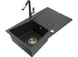 Mexen Cesar Lavello In Granito A 1 Vasca Con Sgocciolatoio E Miscelatore Flora, Nero/Argento Metallizzato - 6514-73-670401-57-G