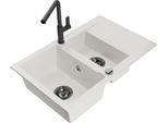 Mexen Gaspar Lavello In Granito 1,5 Vasche Con Sgocciolatoio E Rubinetto Da Cucina Flora, Bianco - 6507-20-670401-70-B