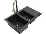 Mexen Gaspar Lavello In Granito A 1,5 Vasche Con Scolapiatti E Rubinetto Da Cucina Elia, Nero/Oro Metallizzato