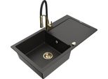 Mexen Leo Lavello In Granito A 1 Vasca Con Scolapiatti E Rubinetto Da Cucina Aster, Nero/Oro Metallizzato - 6501-75-73450-57-G