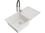 Mexen Leo Lavello In Granito 1-Vasca Con Scolapiatti E Miscelatore Da Cucina Aster, Bianco - 6501-20-73450-07