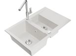 Mexen Gaspar Lavello In Granito A 1,5 Vasche Con Scolapiatti E Rubinetto Da Cucina Flora, Bianco - 6507-20-670401-00