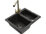 Mexen Carlos Lavello Da Cucina In Granito Con 1,5 Vasche E Rubinetto Duero, Nero/Oro Metallizzato - 6518-75-671600-50-B
