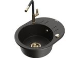 Mexen Kevin Lavello In Granito A 1 Vasca Con Sgocciolatoio E Miscelatore Cucina Flora, Nero/Oro Metallizzato