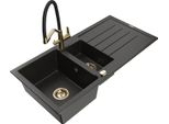 Mexen Andres Lavello In Granito 1,5 Vasche Con Scolapiatti E Rubinetto Da Cucina Duo, Nero/Oro Metallizzato
