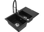 Mexen Gaspar Lavello In Granito Con 1,5 Vasche Con Scolapiatti E Rubinetto Da Cucina Aster, Nero - 6507-77-73450-07
