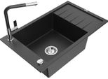 Mexen Elias Lavello In Granito A 1 Vasca Con Gocciolatoio E Rubinetto Da Cucina Flora, Nero/Argento Metallizzato