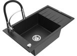 Mexen Elias Lavello In Granito A 1 Vasca Con Scolapiatti E Rubinetto Da Cucina Aster, Nero/Argento Metallizzato