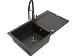 Mexen Leo Lavello In Granito 1-Vasca Con Sgocciolatoio E Rubinetto Da Cucina Aster, Nero/Oro Metallizzato - 6501-75-73450-57-B