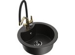 Mexen Diego Lavello In Granito A Una Vasca Con Miscelatore Da Cucina Duo, Nero/Oro Metallizzato - 6512-75-671701-57-B