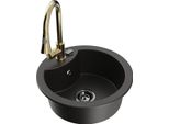 Mexen Diego Lavello In Granito A 1 Vasca Con Miscelatore Da Cucina Elia, Nero/Oro Metallizzato - 6512-75-670101-50-B
