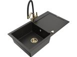 Mexen Leo Lavello In Granito A 1 Vasca Con Scolo E Rubinetto Da Cucina Duo, Nero/Oro Metallizzato - 6501-75-671701-57-G
