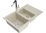 Mexen Gaspar Lavello In Granito 1,5 Vasche Con Gocciolatoio E Rubinetto Da Cucina Flora, Beige - 6507-69-670401-07