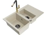 Mexen Gaspar Lavello In Granito A 1,5 Vasche Con Sgocciolatoio E Rubinetto Da Cucina Flora, Beige - 6507-69-670401-57-B