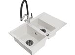 Mexen Gaspar Lavello In Granito 1,5 Vasche Con Sgocciolatoio E Rubinetto Cucina Duo, Bianco - 6507-20-671701-07-B