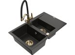 Mexen Gaspar Lavello In Granito 1,5 Vasca Con Scolapiatti E Rubinetto Da Cucina Duo, Nero/Oro Metallico - 6507-75-671701-57-G