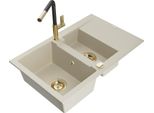 Mexen Gaspar Lavello In Granito 1,5 Vasche Con Scolapiatti E Rubinetto Da Cucina Flora, Beige - 6507-69-670401-57-G