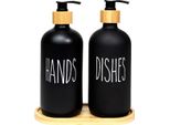 Intirilife Set Di 3 Dispenser Per Sapone In Vetro Nero Con Vassoio In Bambù - Capacità 500 Ml - 17,5 X 8,8 X 20,6 Cm - 2 Dispenser Per Sapone E Detersivo Per Piatti Dispenser Per Sapone A Mano Per Cucina Bagno