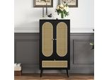 Cassettiera Merax Con Anta E Cassetto In Vimini Rattan, Credenza In Legno, 60X40X110,5 Cm, Nero