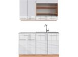 Vicco Cucina Completa Fame-Line, 140 Cm , Pt Marmo, Bianco Lucido/Oro Power Oak