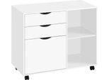 Cartella Mobile - Contenitore Per Rotoli - 3 Cassetti - Ruote - Inserto Per Cartelle Sospese Regolabile - Legno - 80 X 69,5 X 39,5 Cm - Bianco
