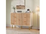 Cassettiera Fortuna Lai 100 Cm Con 6 Cassetti, Credenza Portaoggetti Con Maniglie E Gambe Dorate, Colori Bianco E Legno, Design Moderno Per Soggiorno, Camera Da Letto E Corridoio