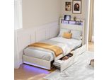 Letto Imbottito Fortuna Lai 90X200Cm Con Usb, Letto Per Ragazzi Letto Singolo Con Rete A Doghe E 2 Cassetti, Letto Contenitore Con Led, Lino, Beige