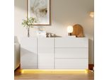 Credenza Fortuna Lai Nera Lucida Con Led, Mobile Tv, Cassettiera Con 2 Armadi E 3 Cassetti, 160X35X76 Cm, Vetrina, Bianco