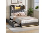 Letto Imbottito Fortuna Lai 90X200Cm Con Usb, Prese E Led, Letto Per Ragazzi Letto Singolo Con 4 Cassetti, Letto Contenitore Letto In Legno Massiccio Con Rete A Doghe, Lino, Grigio
