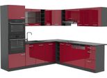 Vicco Cucina Angolare Completa R-Line, 247 X 60 Cm , Pl Antracite, Rosso Lucido/Antracite/Antracite