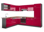 Vicco Cucina Angolare Completa R-Line, 287 X 60 Cm , Pl Rovere, Rosso Lucido/Antracite/Antracite