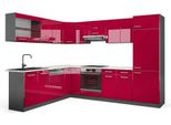 Vicco Cucina Angolare Completa R-Line, 287 X 60 Cm , Pl Marmo, Rosso Lucido/Antracite/Antracite