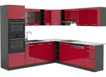 Vicco Cucina Angolare Completa R-Line, 247 X 60 Cm , Pl Marmo, Rosso Lucido/Antracite/Antracite
