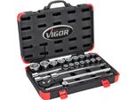 Vigor V2318N Set Di Chiavi A Bussola ∙ 3/4 Di Pollice (20 Mm) Quadro Cavo ∙ Profilo Esagonale Esterno ∙ 19 - 50 ∙ Numero Di Utensili: 21
